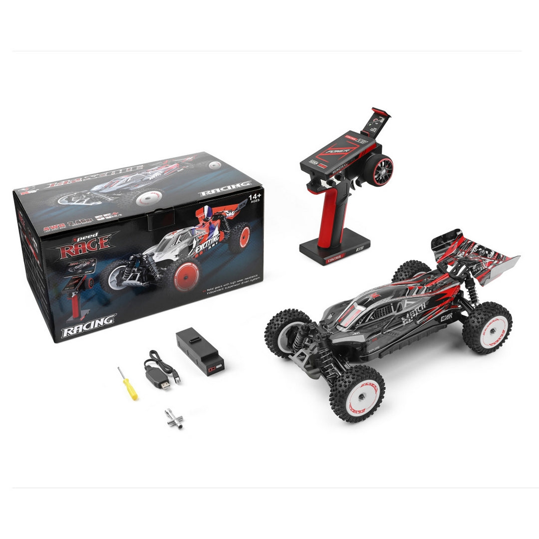 FUNFY شاحنة سباق 4WD RC على الطرق الوعرة باللون الأسود داخل العبوة مع جميع العناصر بما في ذلك السيارة وجهاز التحكم