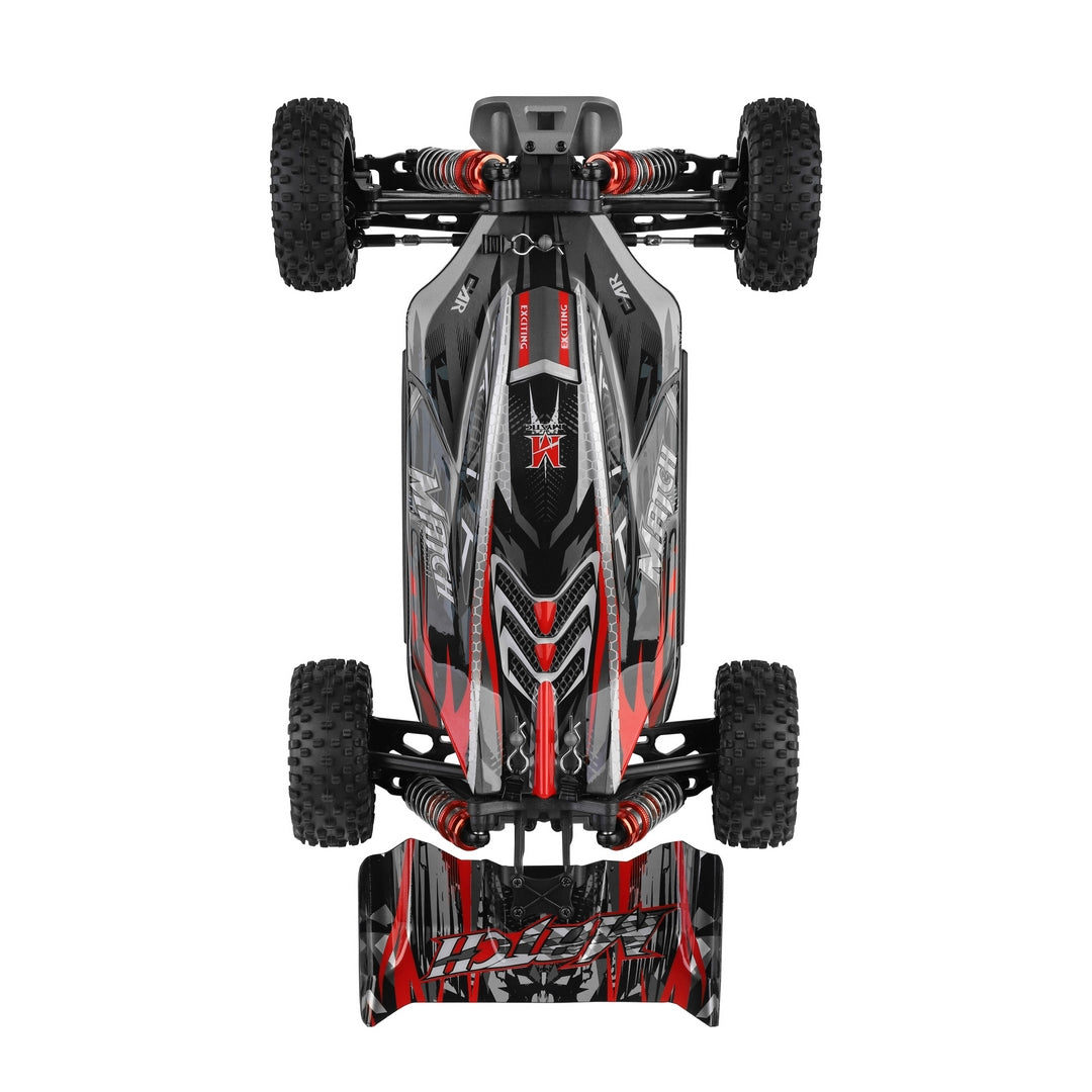FUNFY شاحنة سباق 4WD RC على الطرق الوعرة باللون الأسود بمقياس 1:16 منظر علوي يبرز التصميم المعدني وأسطوانات الإطارات المتينة