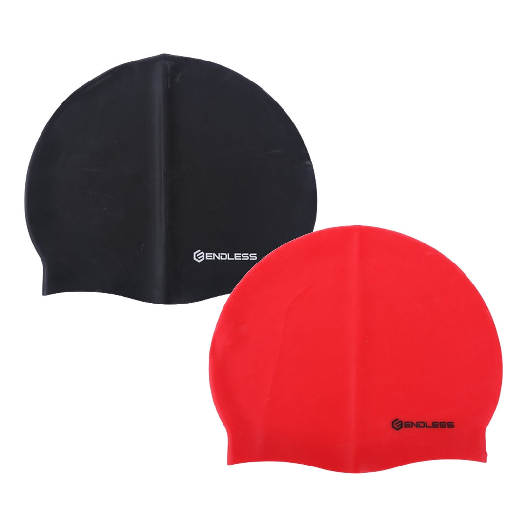 Endless Infinity Swimming Cap Set - 2 Pack Silicone Swim Caps for Men and Women | Soft, Stretchy and Leak Proof | Comfortable and Fits All Hair Types | Perfect for Pool, Beach and Open Water | Black, Red