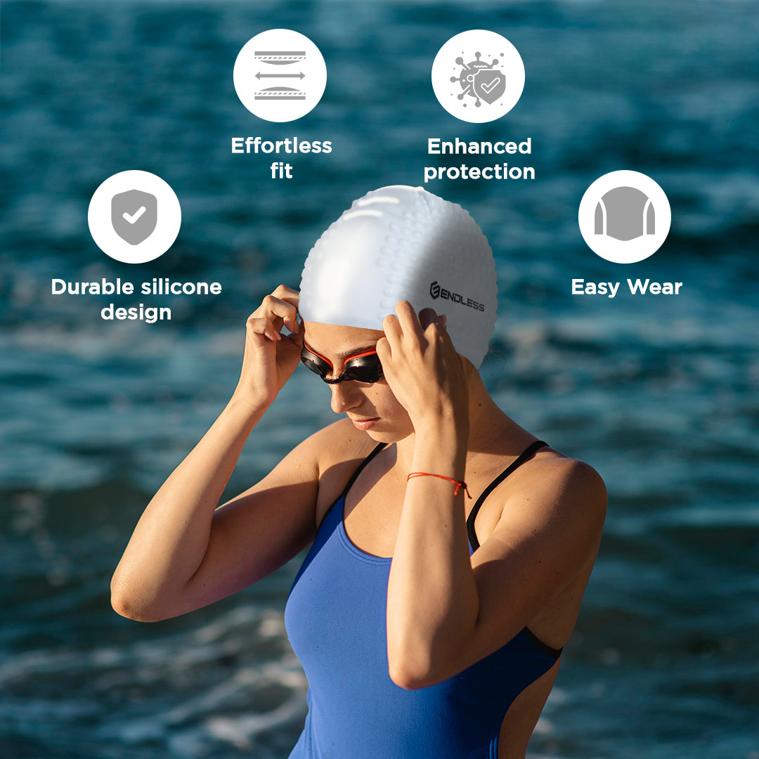 Endless EL1021 Comfortable Silicone Bubble Swimming Cap | Flexible Waterproof Swim Cap for Long and Short Hair with Thick Brim | for Adults, Women and Men | Size: Free Size | Material: Silicone