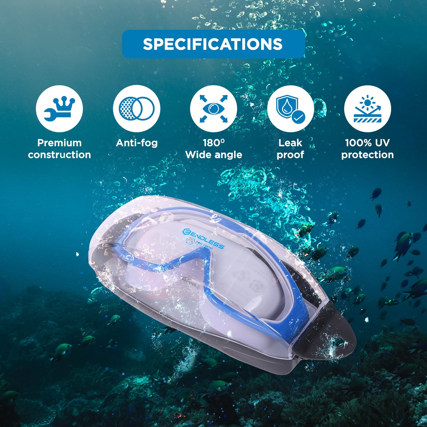 Endless EL1009 Infinity Premium Anti-Fog and UV Protection Swimming Goggles | Material: Silicone, Polyurethane | Stylish Large Frame for More Vision | Soft Silicone Gasket to Prevent Leakage | With Hard Case