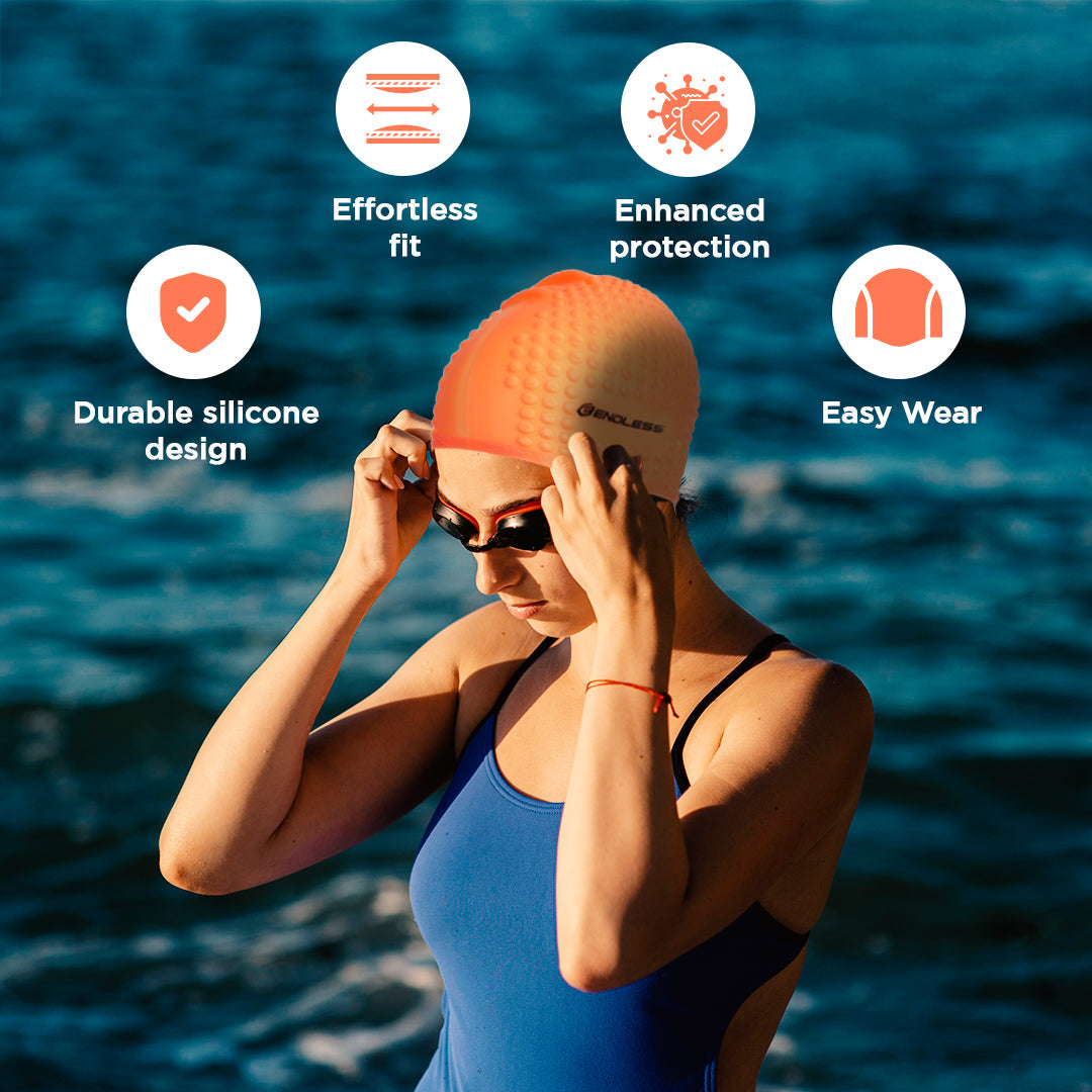 Endless EL1021 Comfortable Silicone Bubble Swimming Cap | Flexible Waterproof Swim Cap for Long and Short Hair with Thick Brim | for Adults, Women and Men | Size: Free Size | Material: Silicone
