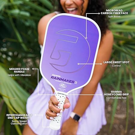 GAMMA Rainmaker Pickleball Paddle – Lightweight, Large Sweet Spot, Microbead Carbon Fiber Face for Spin & Control, Customizable Swing Weight – Available in 6 Colors