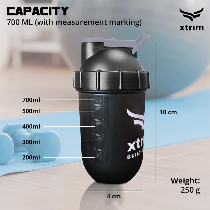 XTRIM XStorm Bullet Shaker 700 مل مع غطاء مانع للتسرب، زجاجة شاكر للصالة الرياضية للمكملات الغذائية، زجاجة شاكر لمخفوقات البروتين ومخفوقات بديلة للوجبات، خالية من مادة BPA (سوداء)