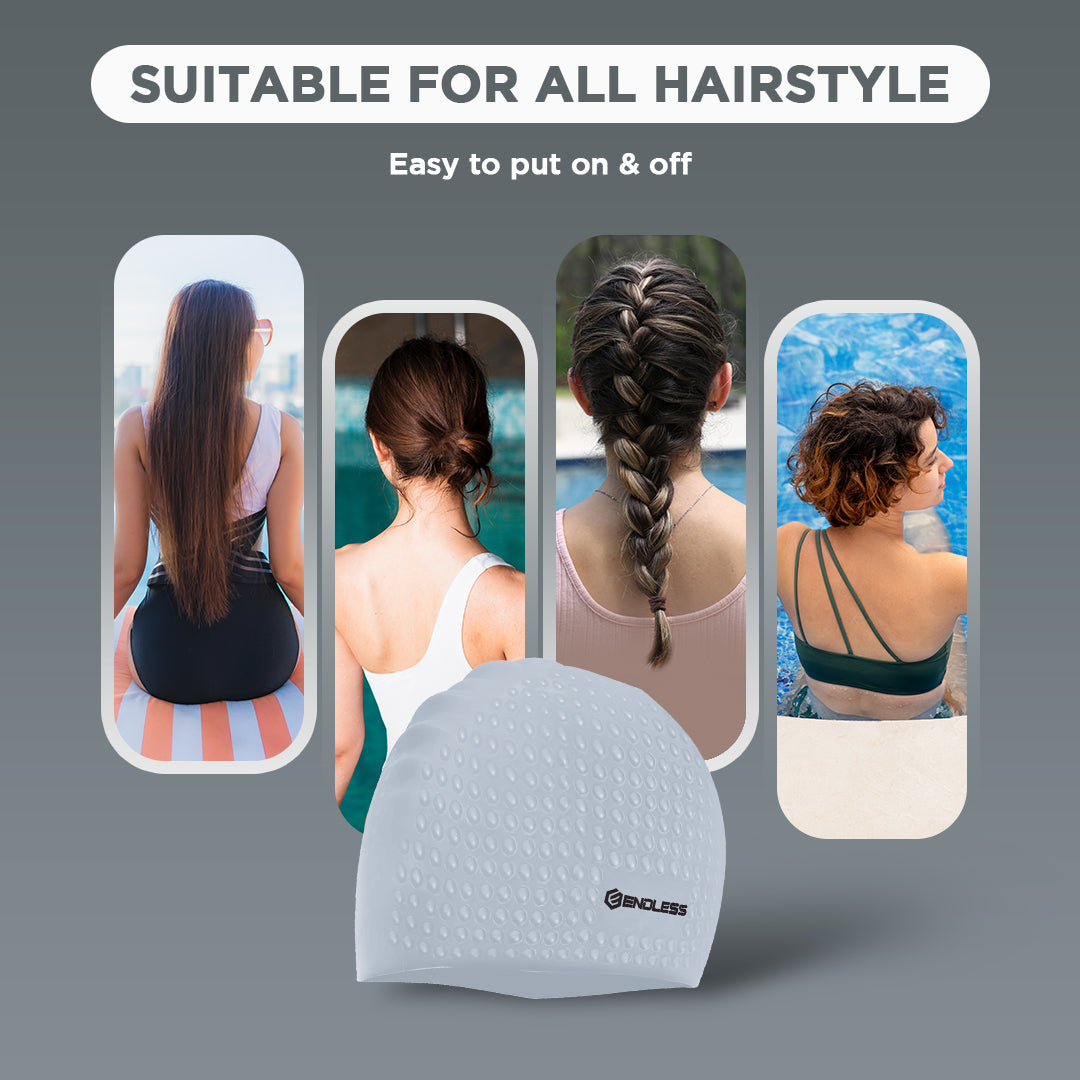 Endless EL1021 Comfortable Silicone Bubble Swimming Cap | Flexible Waterproof Swim Cap for Long and Short Hair with Thick Brim | for Adults, Women and Men | Size: Free Size | Material: Silicone