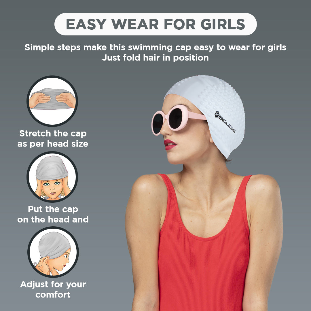 Endless EL1021 Comfortable Silicone Bubble Swimming Cap | Flexible Waterproof Swim Cap for Long and Short Hair with Thick Brim | for Adults, Women and Men | Size: Free Size | Material: Silicone