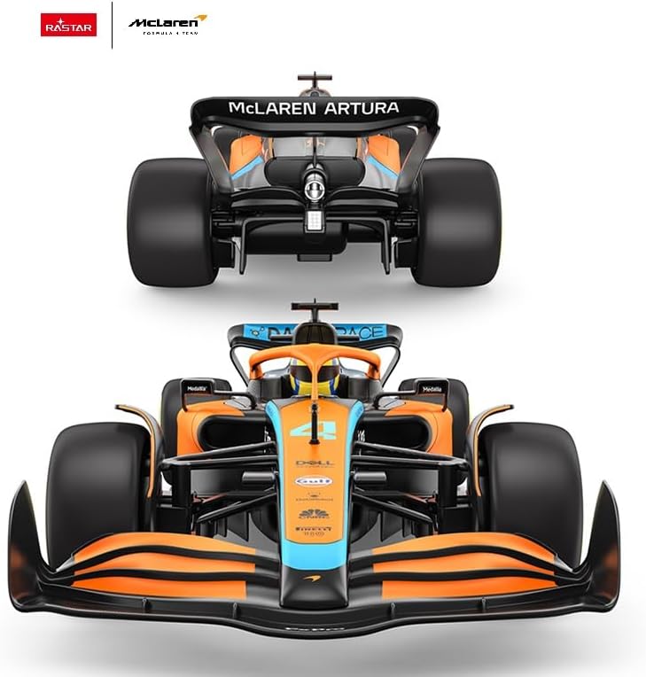 FUNFY سيارة ماكلارين F1 برتقالية منظر أمامي وخلفي يبرز التصميم الرياضي الديناميكي والتفاصيل الواقعية للسيارة
