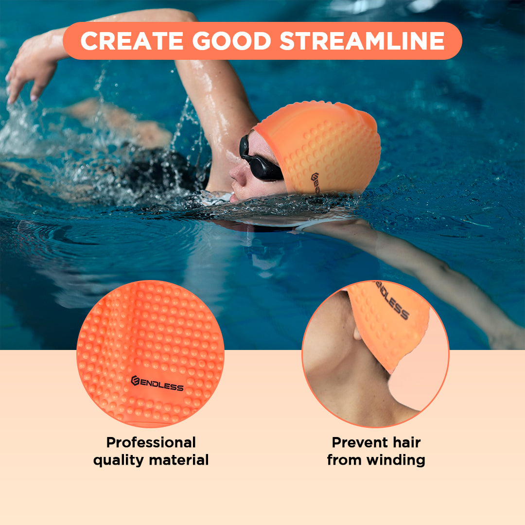 Endless EL1021 Comfortable Silicone Bubble Swimming Cap | Flexible Waterproof Swim Cap for Long and Short Hair with Thick Brim | for Adults, Women and Men | Size: Free Size | Material: Silicone
