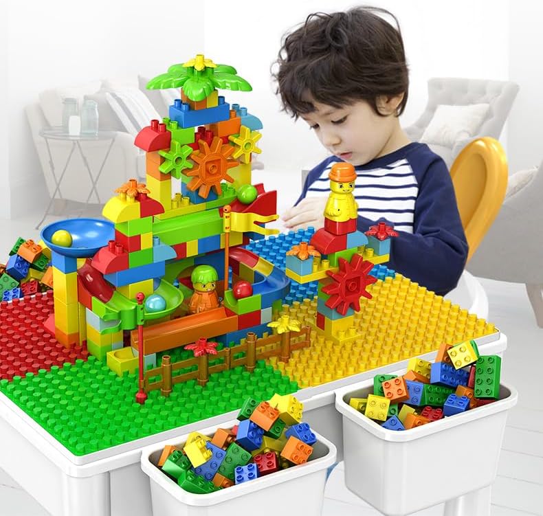 FUNFY طاولة مكعبات البناء متعددة الوظائف 3 في 1 من FUNFY، مثالية كطاولة بناء وطاولة تخزين وطاولة دراسة | طاولة بلاستيكية مثالية للأكل واللعب والتعلم وأنشطة الرمل للأطفال الصغار، FYMFBL01