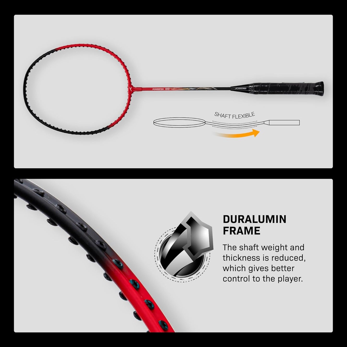 HUNDRED Powertek 100 Badminton Racket (Set of 2) with Full Cover (Size: Standard, Handle Size: G5) | Racket | Material: Aluminum | Max Tension: 16-18 lbs | For Intermediate Players