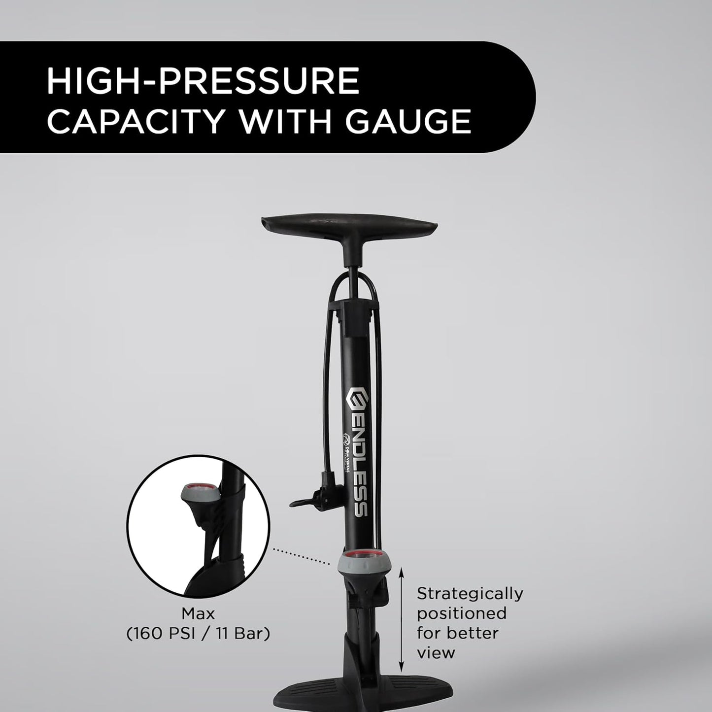 Endless EL1052 160 PSI Portable Hand Air Pump for Bicycles, Portable Floor Air Pump for Bikes | Black | Material: Steel Alloy | Tire Inflator with Gauge and Rotating Tube Handle for Comfort | For All Inflation Purposes