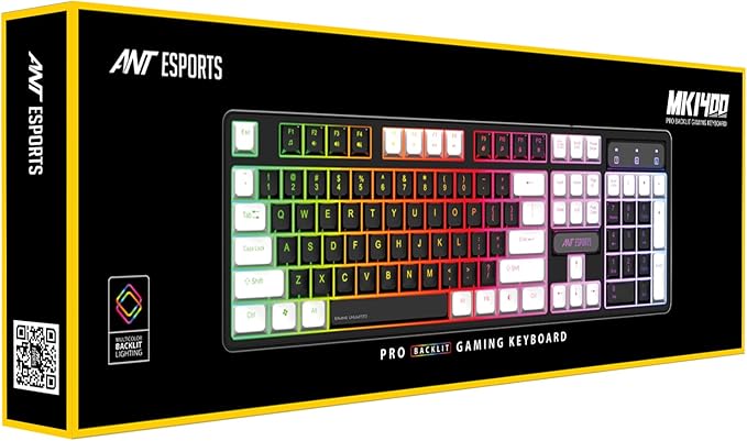 Ant Esports MK1400 Pro Wired Gaming Keyboard with Mixed Color Backlight, Black and White Keycaps, Double-Injection Keycaps - Black