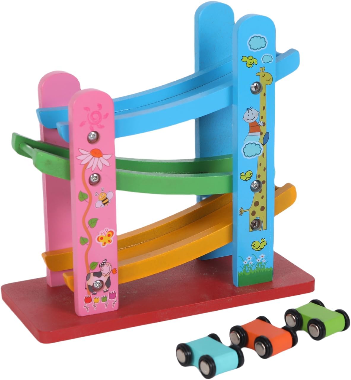 FUNFY Wooden Ramp Car Racing Game with 3 Mini Cars | Multicolor | Material: Wood | Montessori Tabletop Toy for Developing Creativity | Vibrant Design for Kids