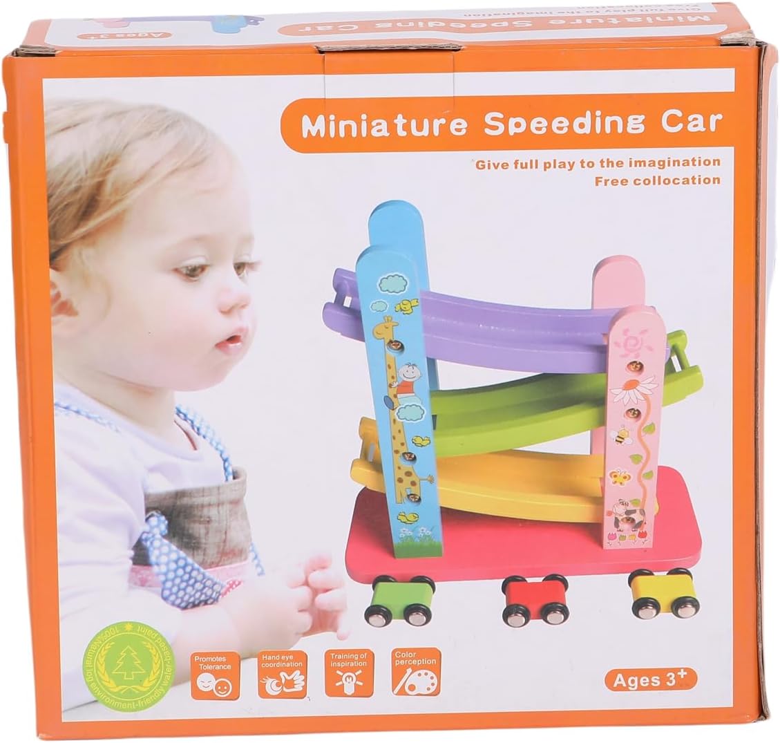 FUNFY Wooden Ramp Car Racing Game with 3 Mini Cars | Multicolor | Material: Wood | Montessori Tabletop Toy for Developing Creativity | Vibrant Design for Kids
