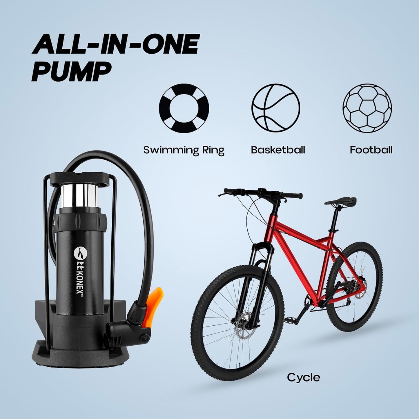 مضخة هواء كونيكس عالية الضغط مع مقياس للدرجات للدرجات الهوائية والدراجات وإطارات السيارات وكرة القدم وكرة السلة وغيرها من المعدات الرياضية القابلة للنفخ والكرات (أسود)