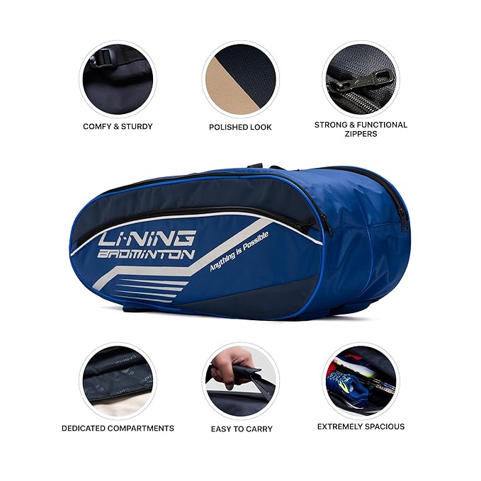Li-Ning Hot Shot حقيبة تنس الريشة المصنوعة من البوليستر بسحاب ثلاثي | حجرات سهلة الوصول | واسعة | للجنسين - رجال، أولاد، بنات، نساء