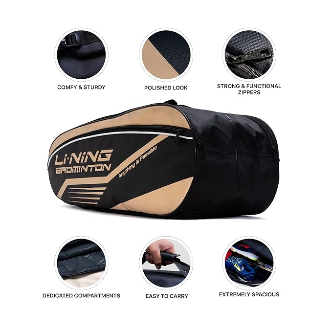 Li-Ning Hot Shot حقيبة تنس الريشة المصنوعة من البوليستر بسحاب ثلاثي | حجرات سهلة الوصول | واسعة | للجنسين - رجال، أولاد، بنات، نساء