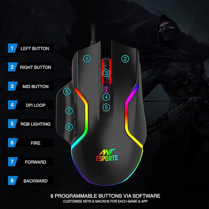 Ant Esports GM320 RGB ماوس ألعاب سلكي بصري | 8 أزرار قابلة للبرمجة | 12800 نقطة في البوصة