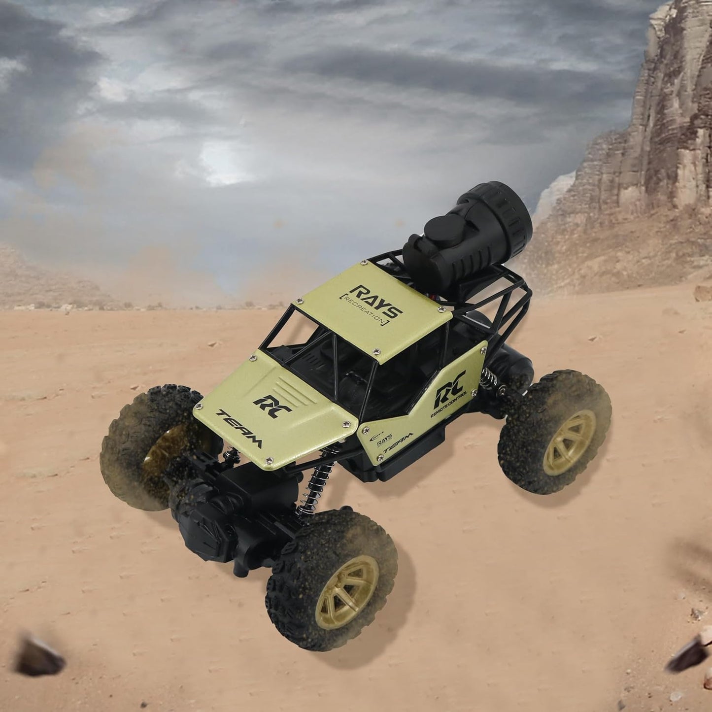 FUNFY 1:18 Rock Crawler RC Toy Car With 4WD | Black | With 4 Soft Suspensions, Dual Motor, Lightning Mist Spray, Better gripping Tyres, Aluminium Body and Rechargeable Battery |For Kids Gift
