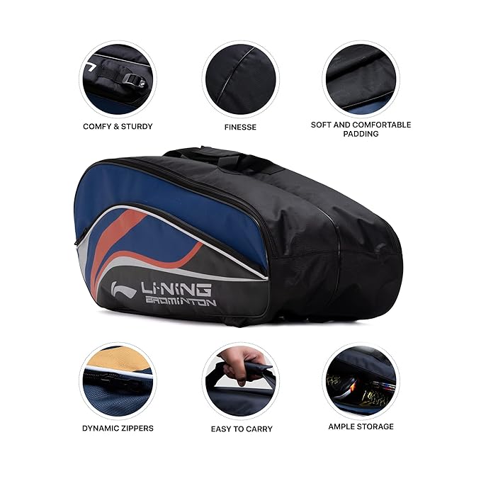 Li-Ning Panther حقيبة تنس الريشة المصنوعة من البوليستر بسحاب مزدوج | جيب للتخزين | مساحة تخزين واسعة | للجنسين - رجال، أولاد، بنات، نساء