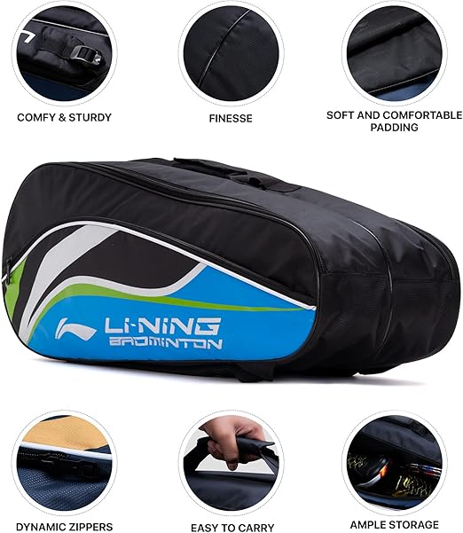 Li-Ning Panther حقيبة تنس الريشة المصنوعة من البوليستر بسحاب مزدوج | جيب للتخزين | مساحة تخزين واسعة | للجنسين - رجال، أولاد، بنات، نساء
