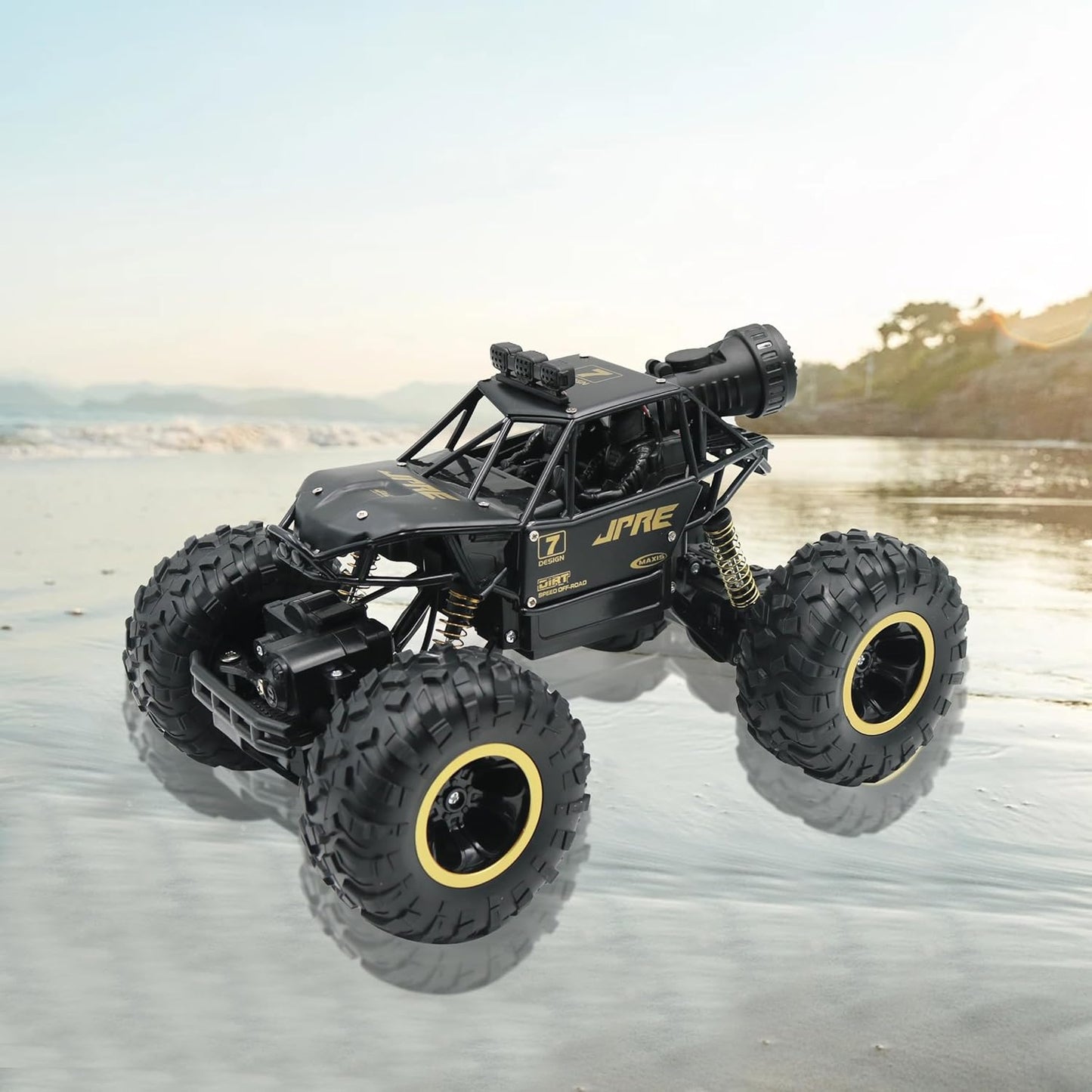 FUNFY 1:16 Rock Explorer RC Toy Car With 4WD | Black | With 4 Soft Suspensions, Dual Motor, Lightning Mist Spray, Better gripping Tyres, Rugged Body and Rechargeable Battery for Kids Gift