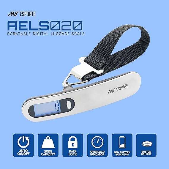 ميزان الأمتعة الرقمي المحمول للأمتعة AELS020 من آنت إسبورتس AELS020، ميزان أمتعة رقمي محمول معلق بوزن 50 كجم مع شاشة LCD بإضاءة خلفية، ميزان وزن حقيبة محمول، ميزان وزن أمتعة السفر مع أحزمة قوية للمسافرين