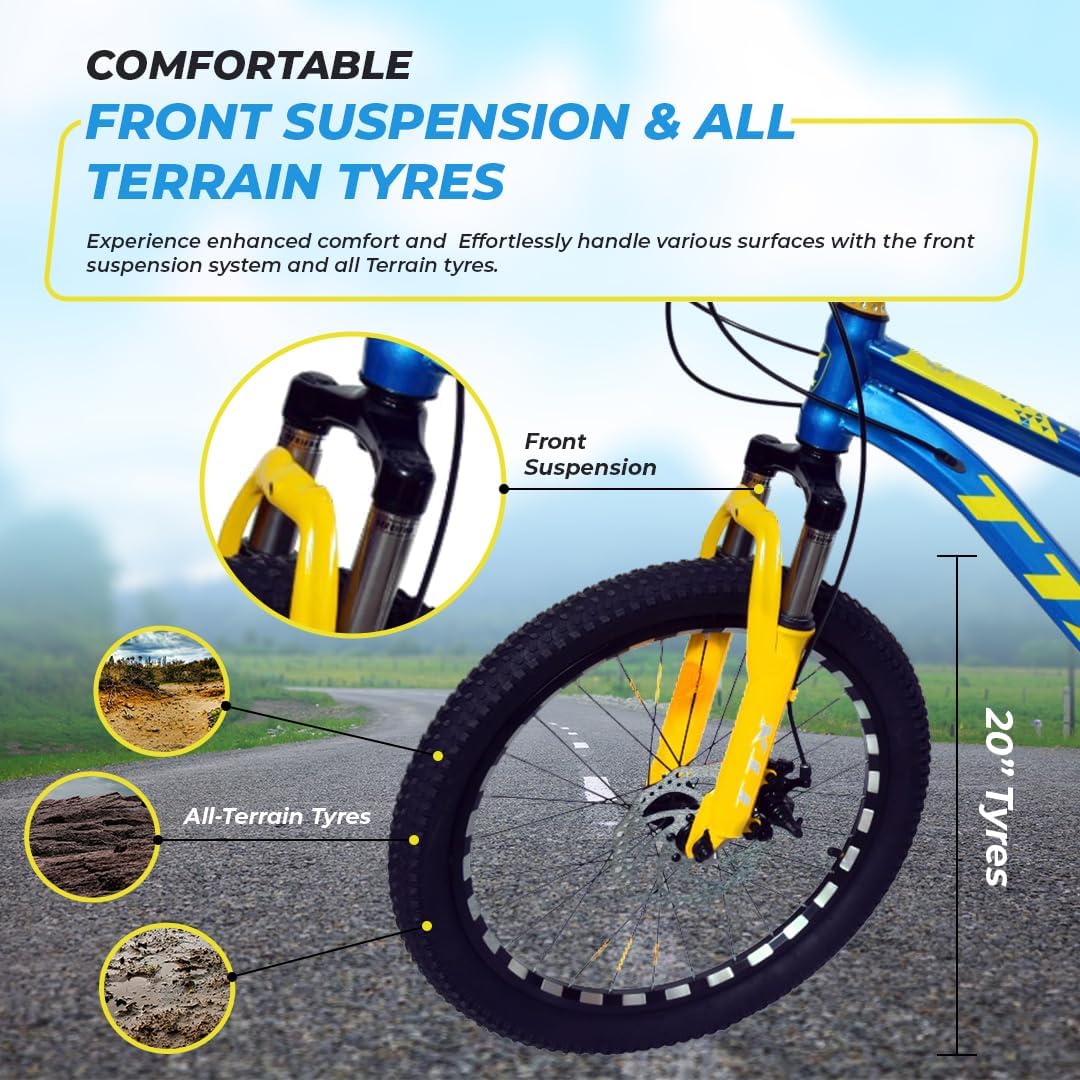 Endless 20 Inch Alloy Steel Kids cycle with 21 Speed Transmission | Blue and Yellow | Ages 6-9 | Kids cycle with Disc Brakes, Adjustable Seat and All Terrain Tires