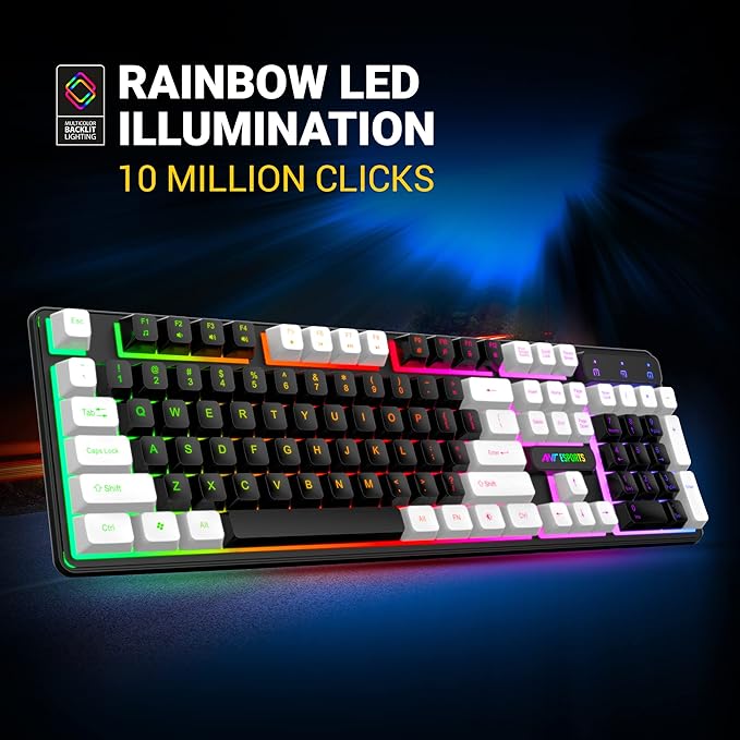 Ant Esports MK1400 Pro Wired Gaming Keyboard with Mixed Color Backlight, Black and White Keycaps, Double-Injection Keycaps - Black