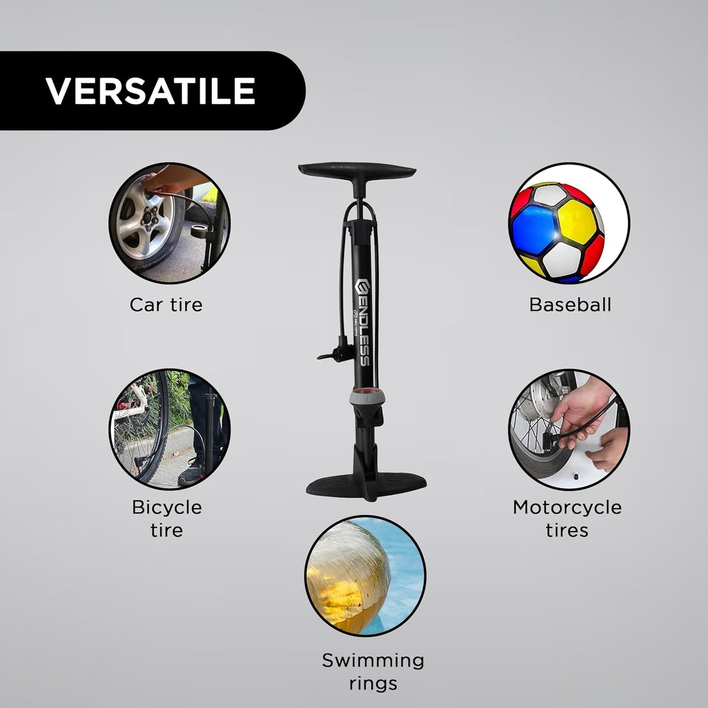 Endless EL1052 160 PSI Portable Hand Air Pump for Bicycles, Portable Floor Air Pump for Bikes | Black | Material: Steel Alloy | Tire Inflator with Gauge and Rotating Tube Handle for Comfort | For All Inflation Purposes