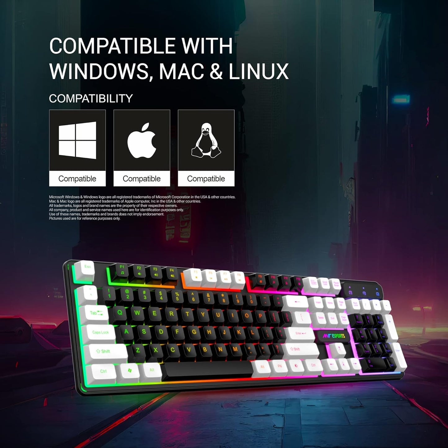 Ant Esports MK1400 Pro Wired Gaming Keyboard with Mixed Color Backlight, Black and White Keycaps, Double-Injection Keycaps - Black