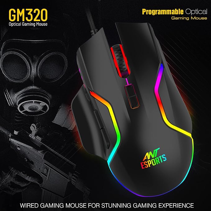 Ant Esports GM320 RGB ماوس ألعاب سلكي بصري | 8 أزرار قابلة للبرمجة | 12800 نقطة في البوصة