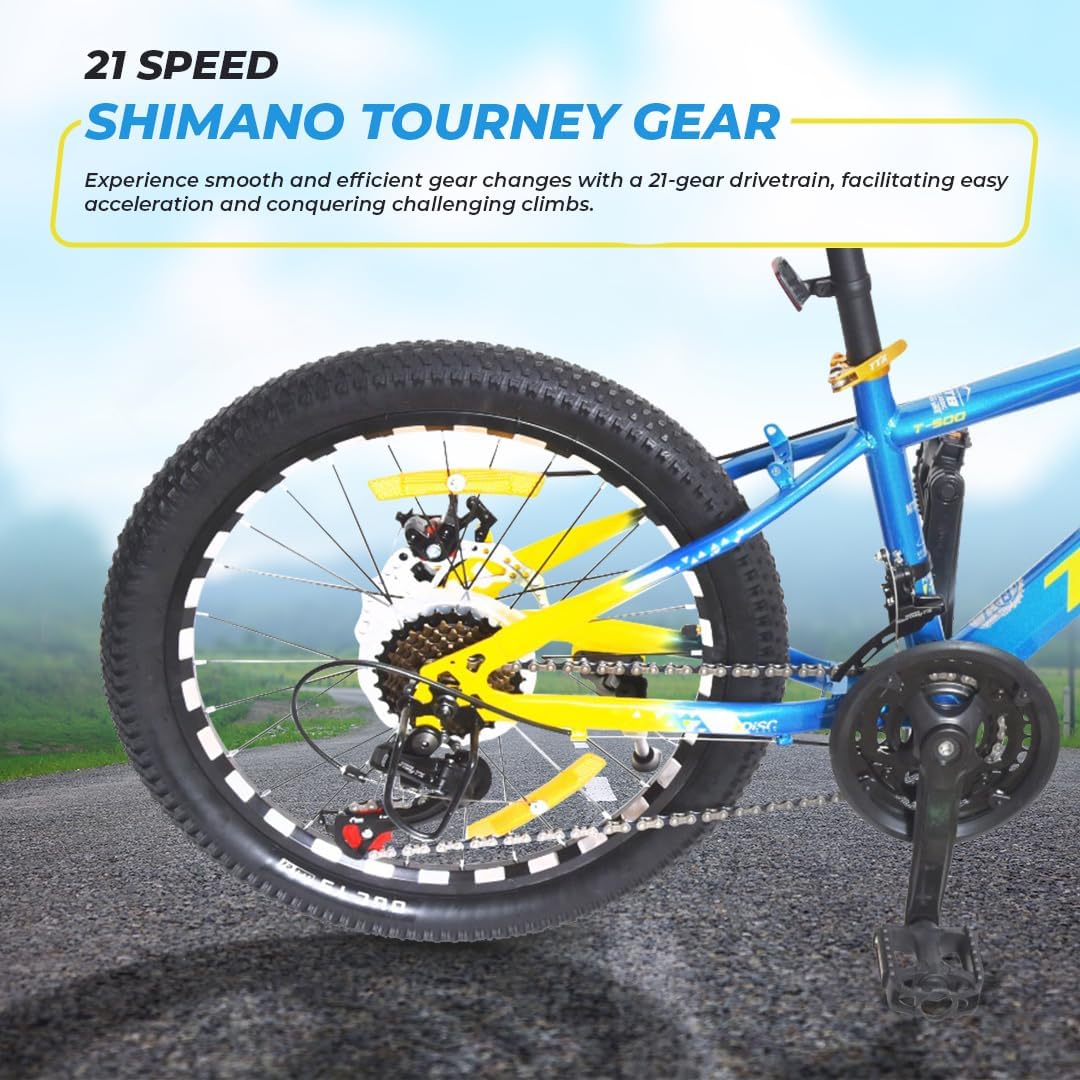 Endless 20 Inch Alloy Steel Kids cycle with 21 Speed Transmission | Blue and Yellow | Ages 6-9 | Kids cycle with Disc Brakes, Adjustable Seat and All Terrain Tires