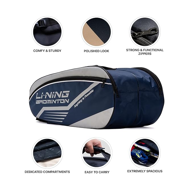 Li-Ning Hot Shot حقيبة تنس الريشة المصنوعة من البوليستر بسحاب ثلاثي | حجرات سهلة الوصول | واسعة | للجنسين - رجال، أولاد، بنات، نساء