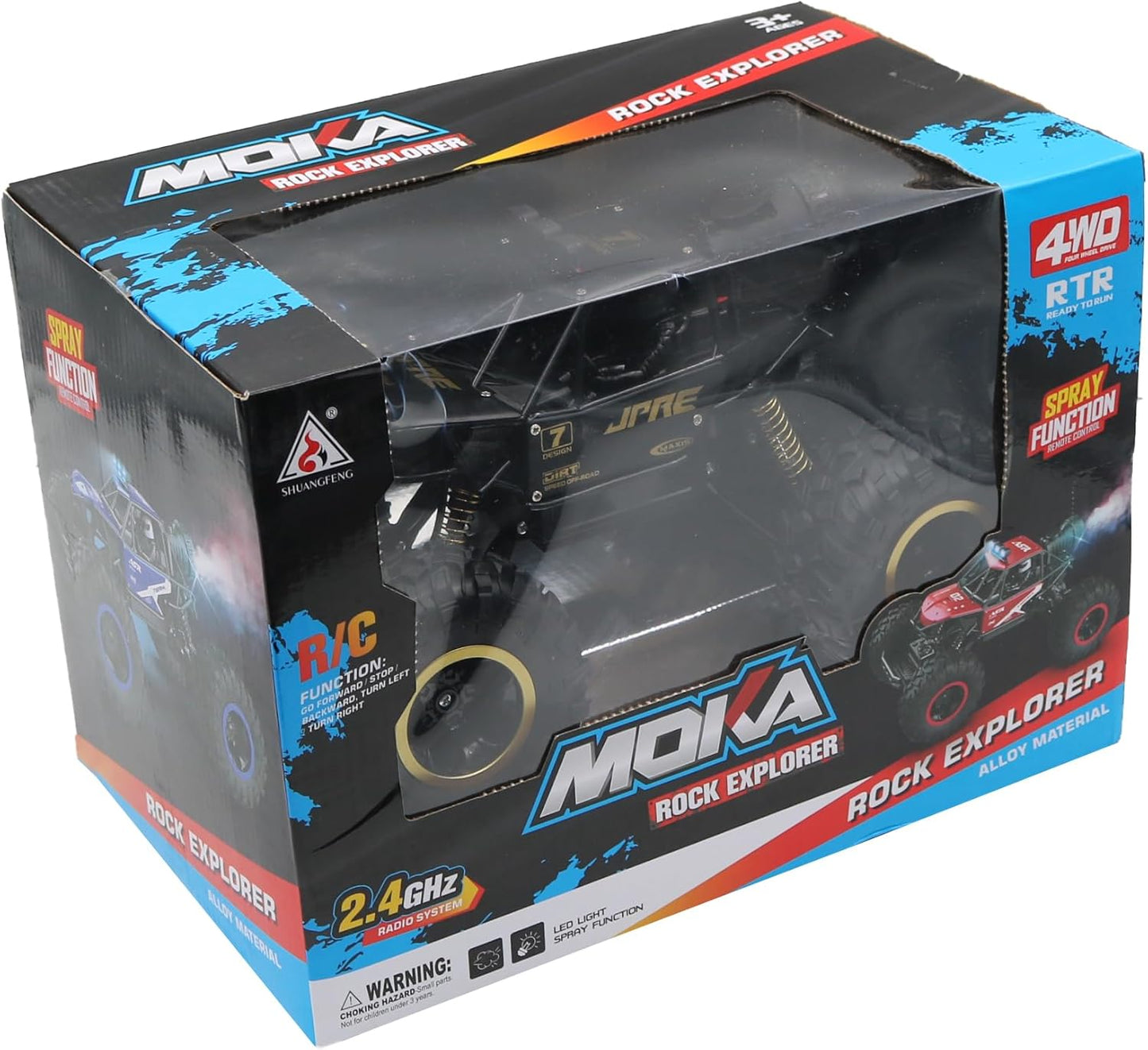 FUNFY 1:16 Rock Explorer RC Toy Car With 4WD | Black | With 4 Soft Suspensions, Dual Motor, Lightning Mist Spray, Better gripping Tyres, Rugged Body and Rechargeable Battery for Kids Gift