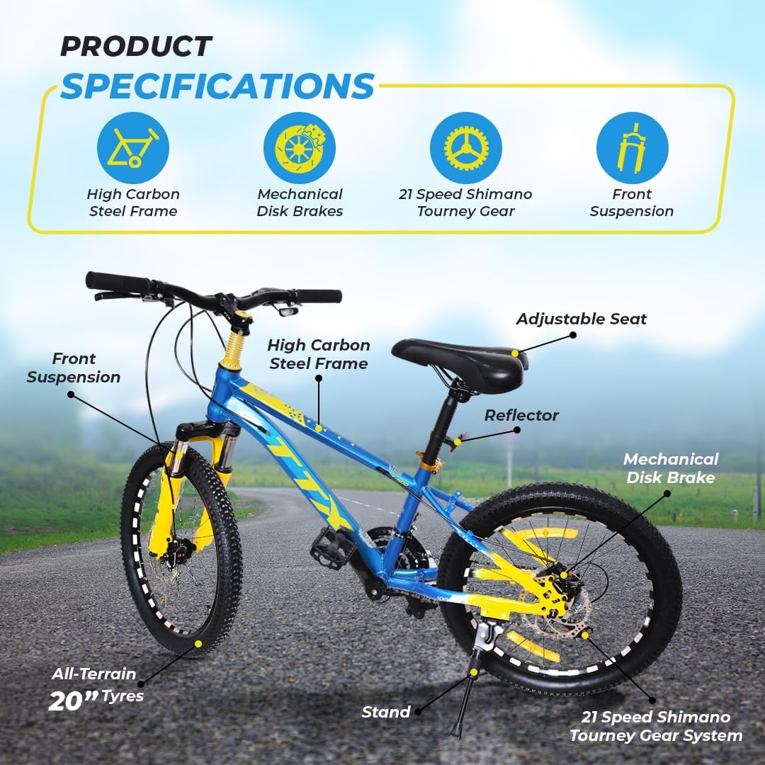 Endless 20 Inch Alloy Steel Kids cycle with 21 Speed Transmission | Blue and Yellow | Ages 6-9 | Kids cycle with Disc Brakes, Adjustable Seat and All Terrain Tires