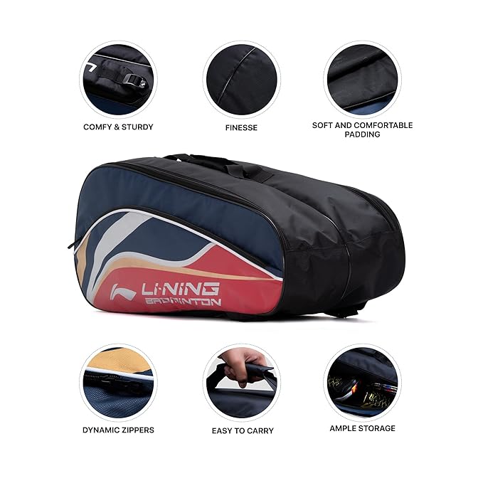 Li-Ning Panther حقيبة تنس الريشة المصنوعة من البوليستر بسحاب مزدوج | جيب للتخزين | مساحة تخزين واسعة | للجنسين - رجال، أولاد، بنات، نساء