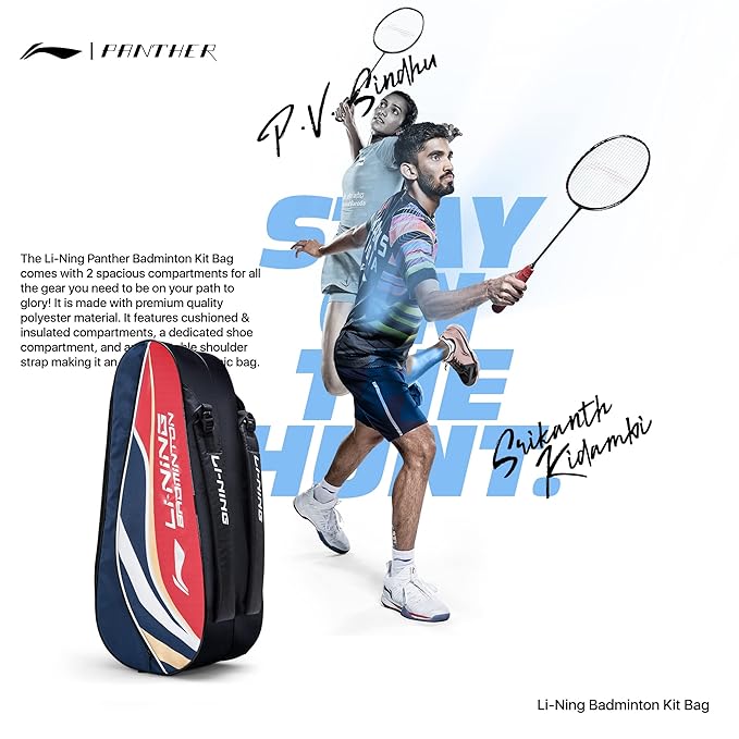 Li-Ning Panther حقيبة تنس الريشة المصنوعة من البوليستر بسحاب مزدوج | جيب للتخزين | مساحة تخزين واسعة | للجنسين - رجال، أولاد، بنات، نساء