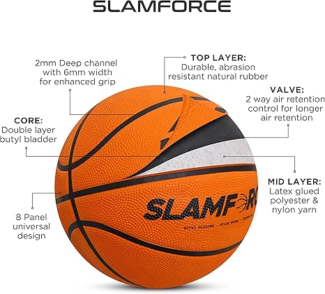NIVIA Slamforce basketball, standard model, 8 panels, durable rubber cover with a pebble texture, wrapped butyl bladder, designed for beginners, can be played on all indoor and outdoor surfaces.