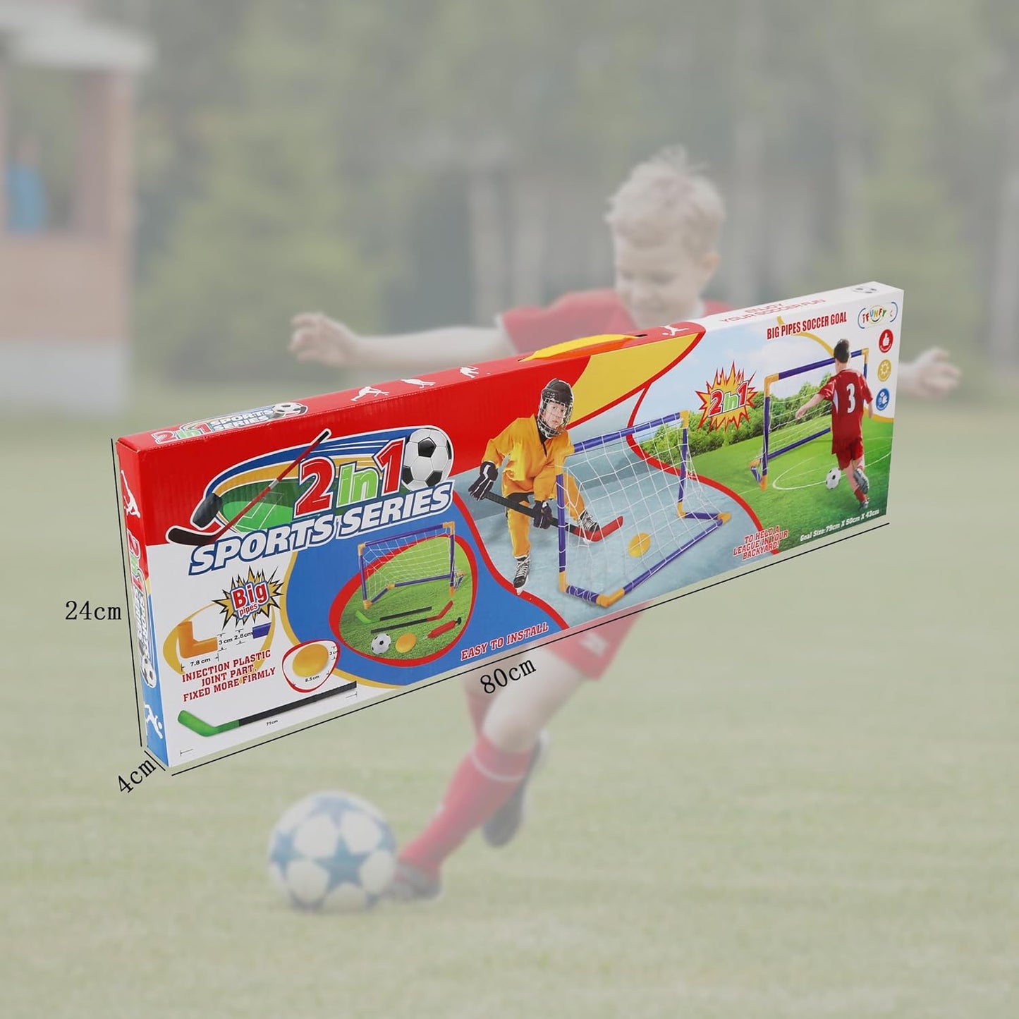 FUNFY مجموعة أعمدة المرمى 2 في 1 FYFBG002 | بلاستيك | مضخة، كرة قدم، عمود مرمى، عصي هوكي الجليد وبانك | هيكل متين مع أنابيب بقطر 1.1 بوصة، وصلات بقطر 3 بوصات، ألوان متعددة