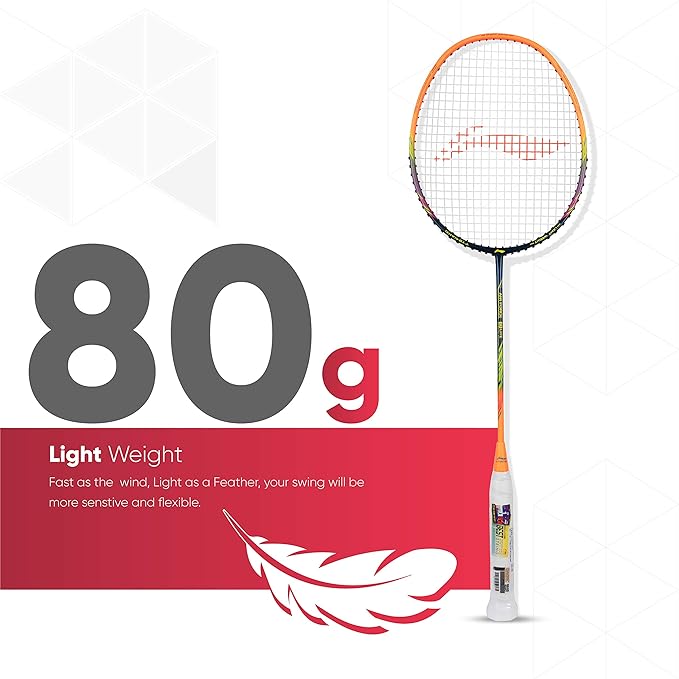 Li-Ning Air Force 80 Lite Carbon Fiber Badminton Racket with Full Racket Cover | Intermediate Players | 80g | Max String Tension - 30lbs