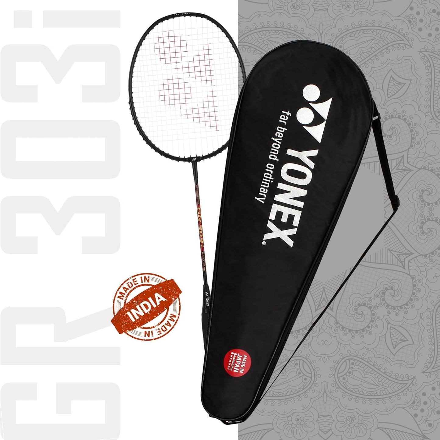 Yonex GR 303i Badminton Racket | Full Cover | Color: Black | Size: Standard | Material: Aluminum | Skill: Medium | Shape: Isometric | High Durability | Lightweight for Superior Control
