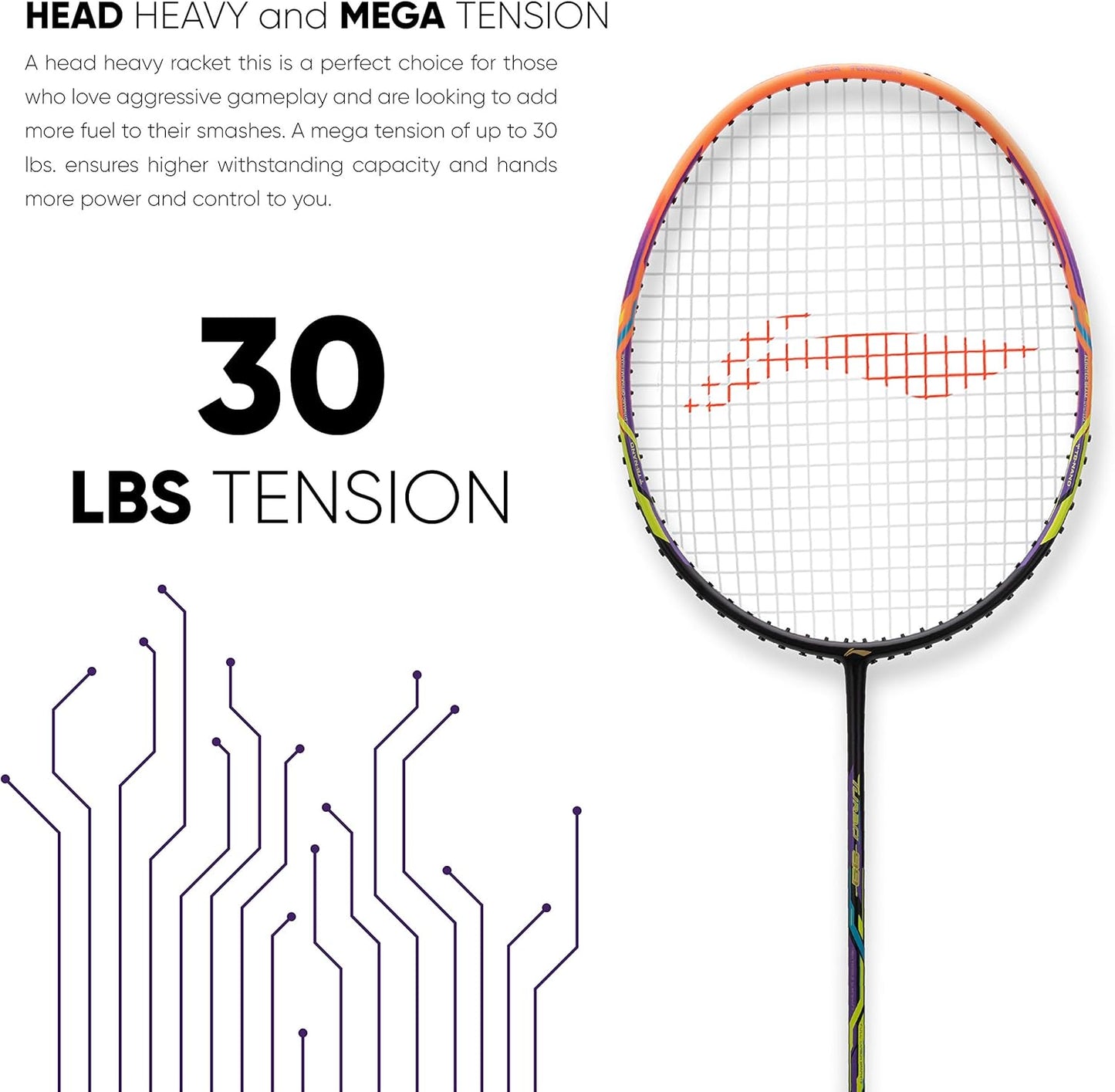Li-Ning Turbo 99 Carbon Fiber Badminton Racket with Full Racket Cover (Black/Lime/Orange) | Intermediate Players | 84g | Max String Tension - 30lbs