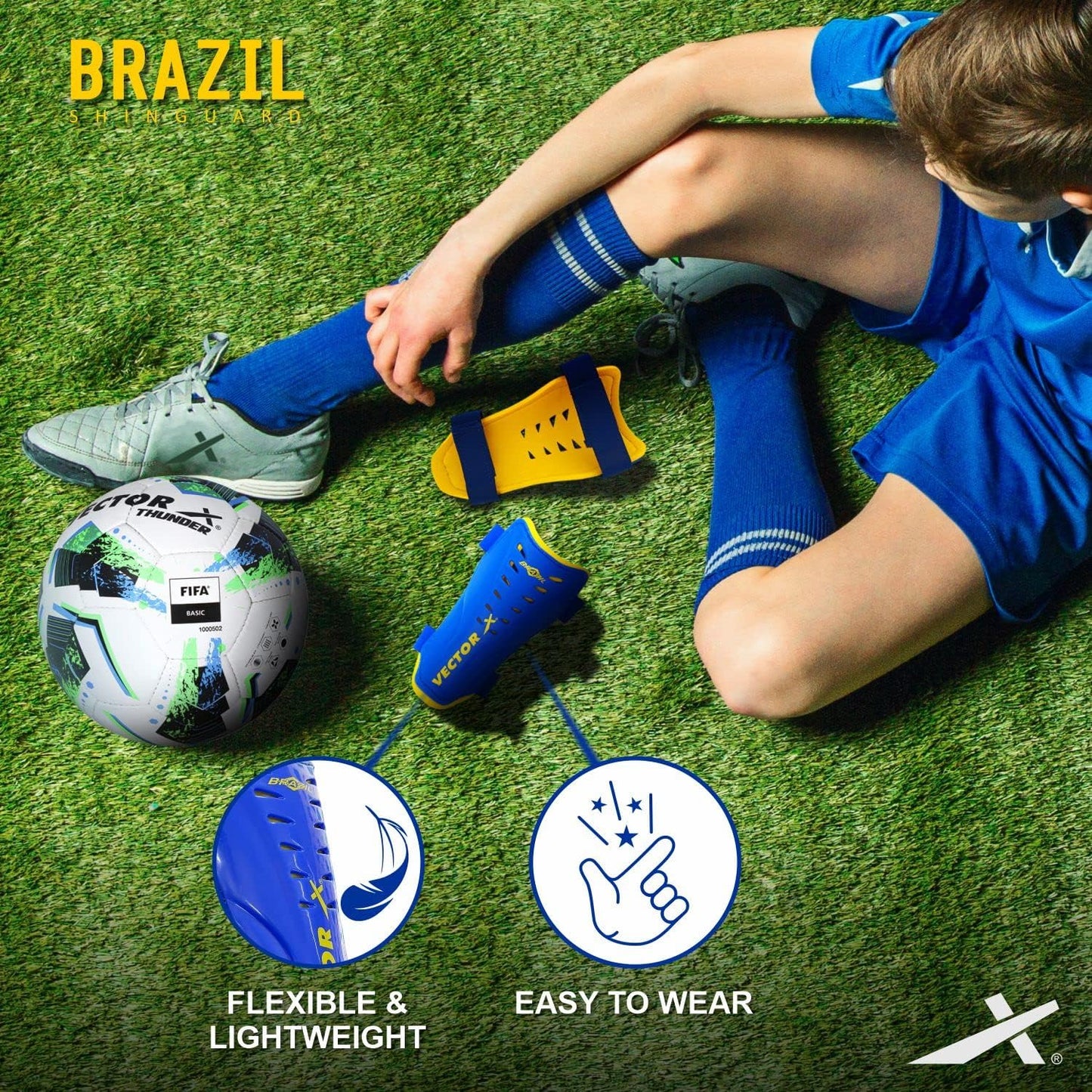 Vector X Brazil Shin Guard, Small (Blue/Yellow)