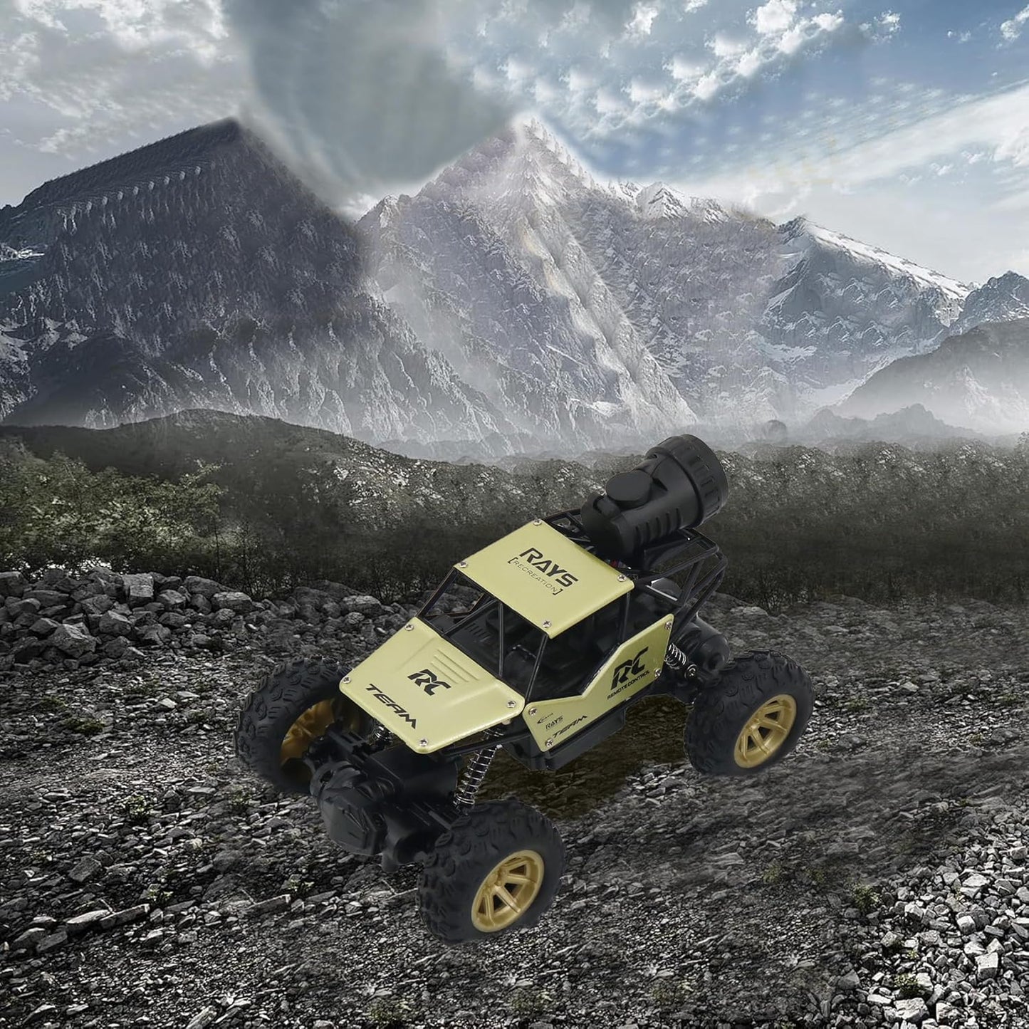 FUNFY 1:18 Rock Crawler RC Toy Car With 4WD | Black | With 4 Soft Suspensions, Dual Motor, Lightning Mist Spray, Better gripping Tyres, Aluminium Body and Rechargeable Battery |For Kids Gift