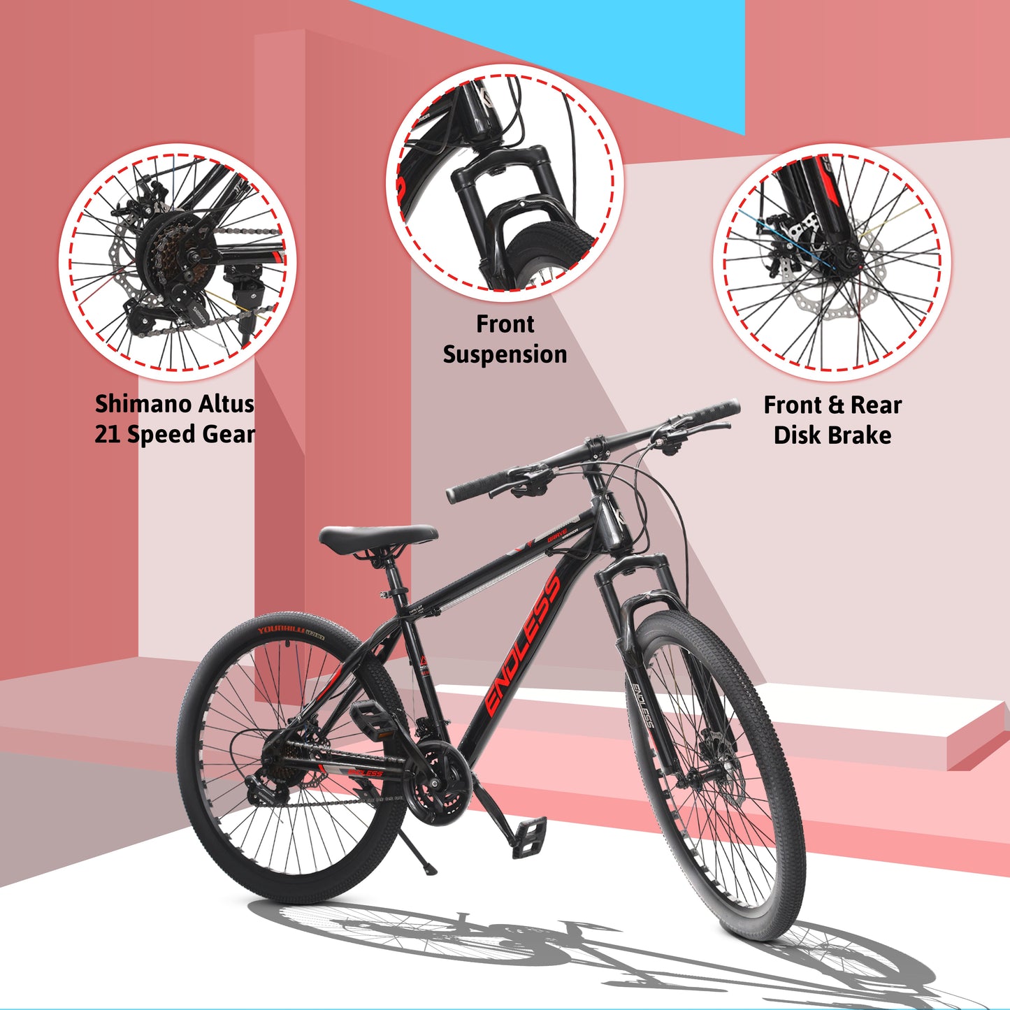 Endless 17" High Carbon Steel Frame Mountain Bike with 26" Wheels and Shimano Altus 21 Speed Transmission for Adults | Disc Brakes, Adjustable Seat, All Terrain Tires, Suspension Mountain Bike for Men and Women
