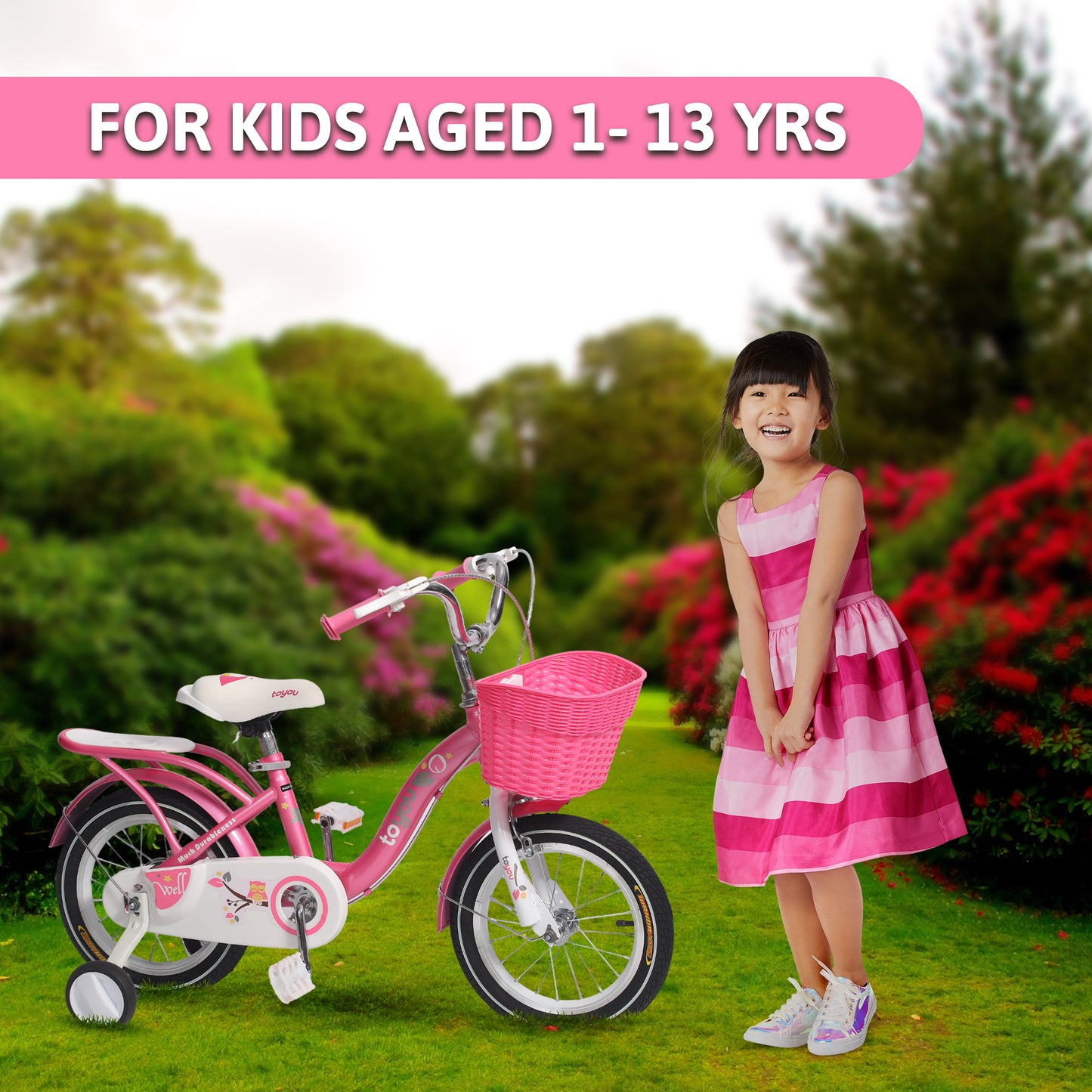 Endless Pink Steel Kids cycle for Girls with Rear Seat, Hand Brake and Basket | Ages 2-4 | 14 Inch Bike with Training Wheels and High Quality Fenders | Kids cycle with 2.125 Inch Wide Tires
