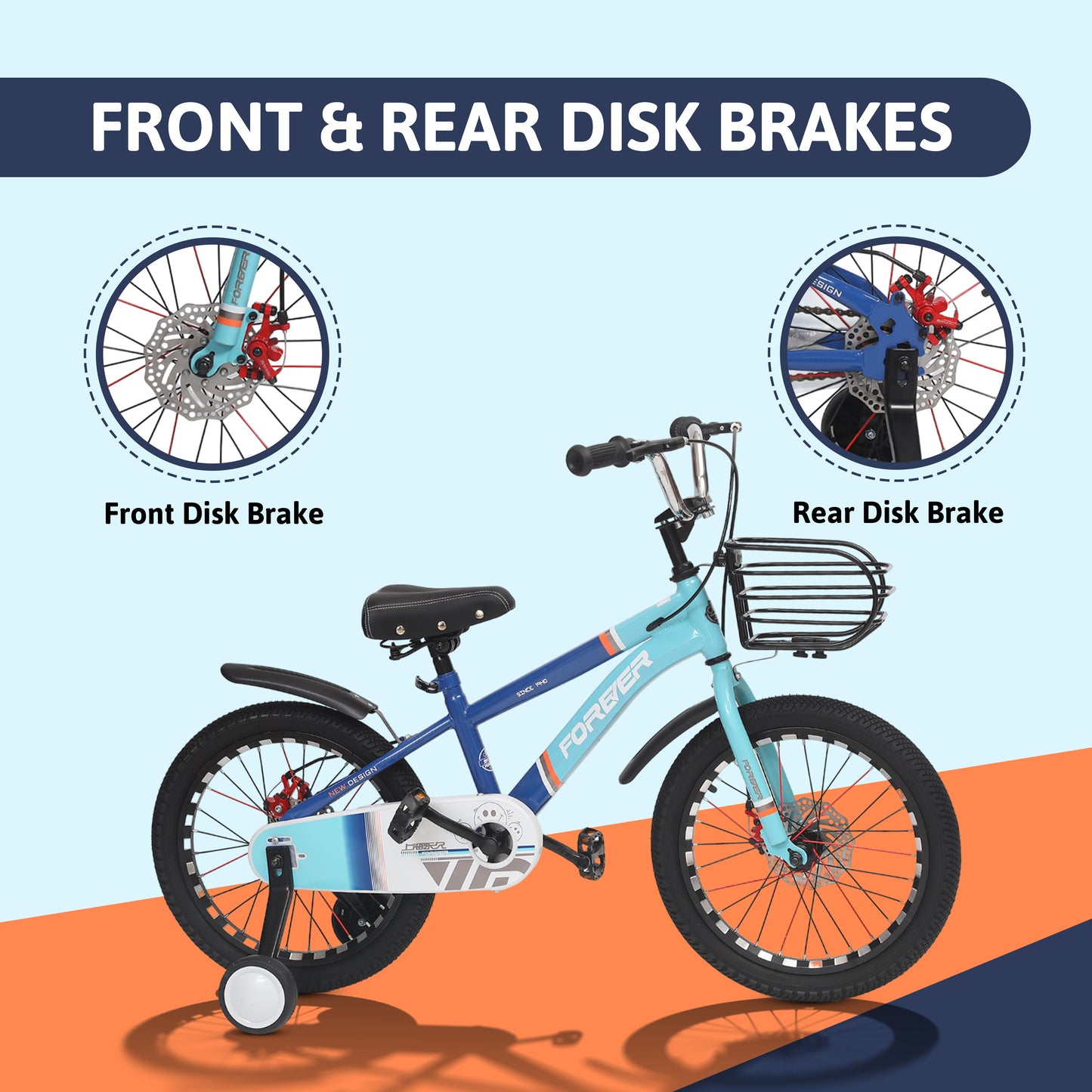 Endless Blue Carbon Steel Kids cycle with Front and Rear Disc Brakes and Basket | Kids cycle Ages 5-8 | 18 Inch cycle with High Quality Training Wheels and Guard | Kids cycle with 2.125 Inch Wide Tires