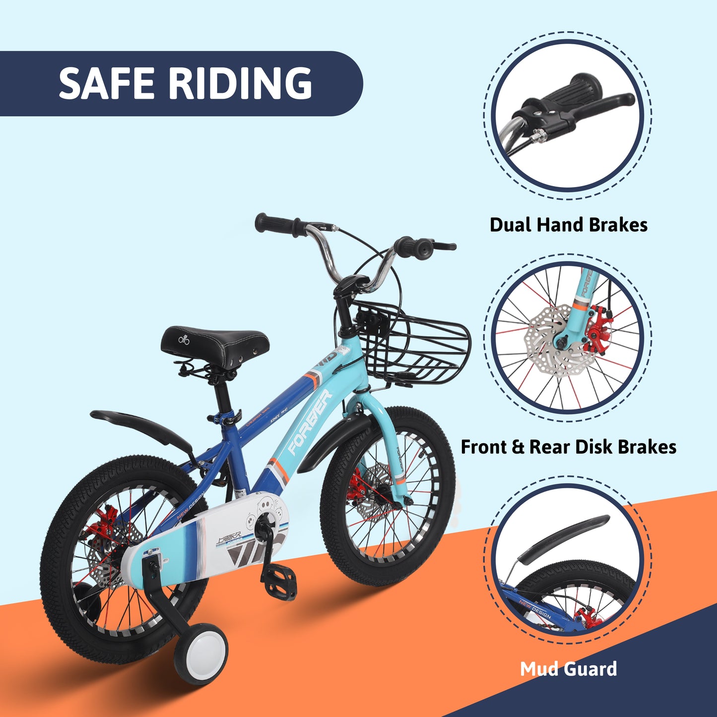Endless Blue Carbon Steel Kids cycle with Front and Rear Disc Brakes and Basket | Kids cycle Ages 5-8 | 18 Inch cycle with High Quality Training Wheels and Guard | Kids cycle with 2.125 Inch Wide Tires