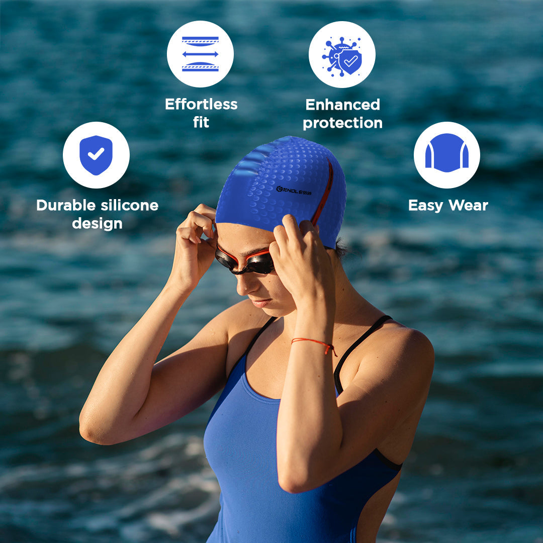 Endless EL1021 Comfortable Silicone Bubble Swimming Cap | Flexible Waterproof Swim Cap for Long and Short Hair with Thick Brim | for Adults, Women and Men | Size: Free Size | Material: Silicone